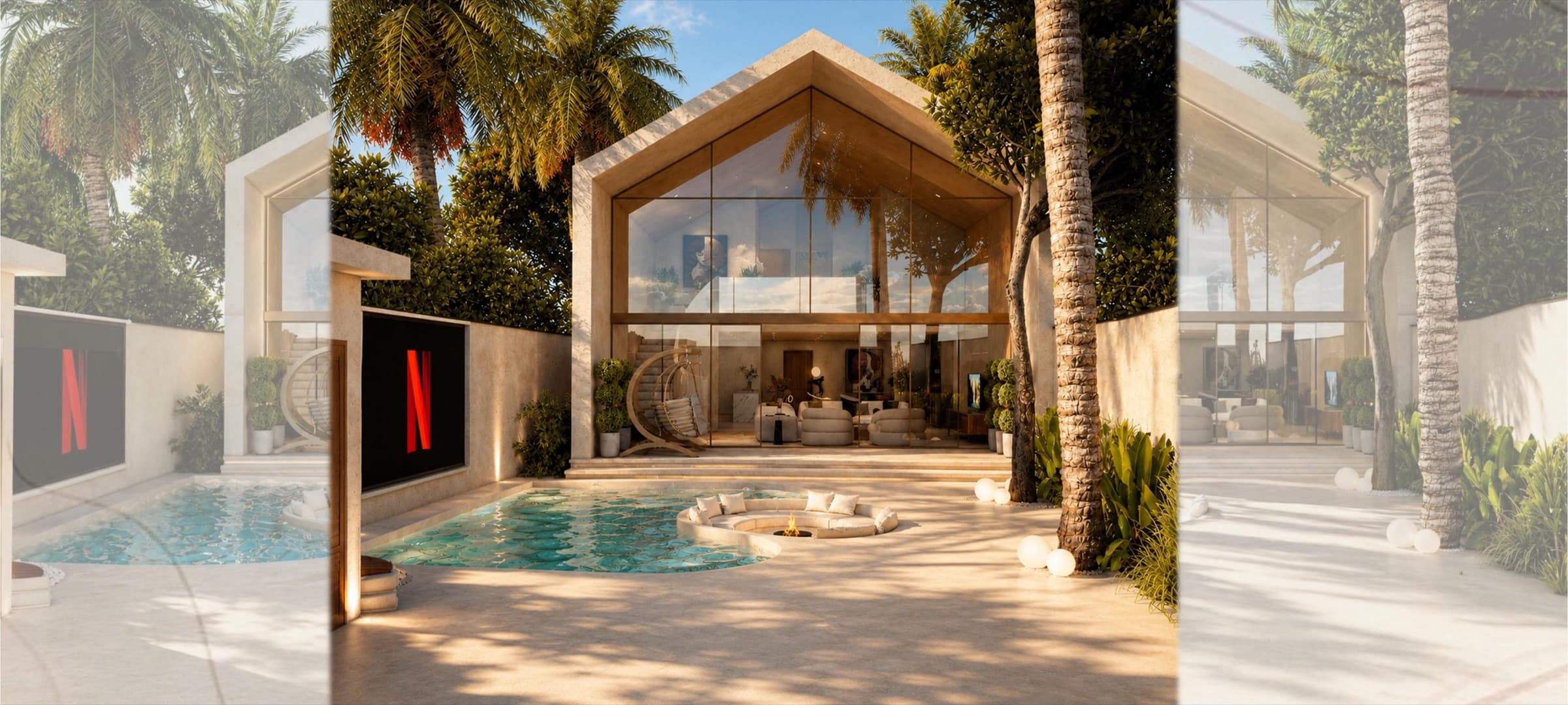Front elevation framed by mature palms