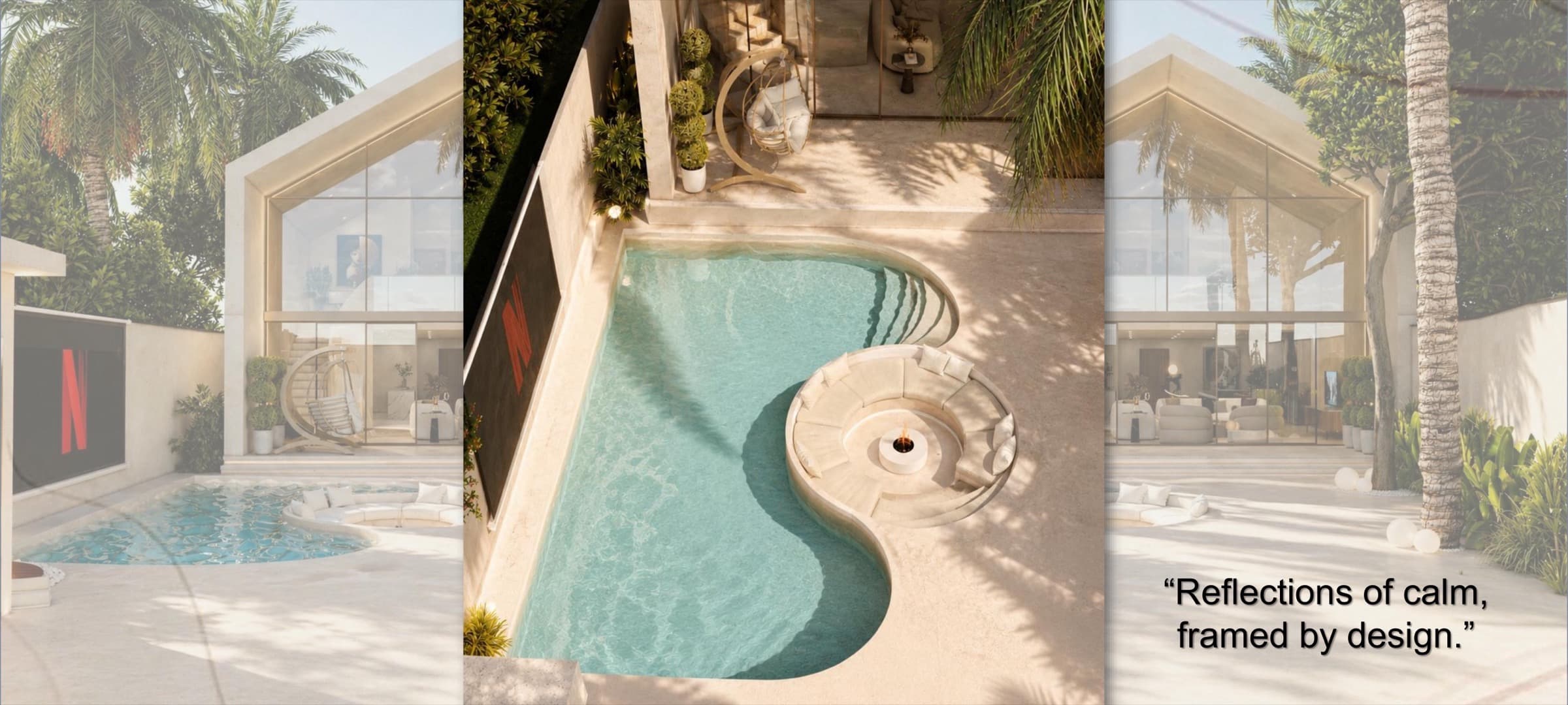 Aerial view of the sculpted pool and sunken bench